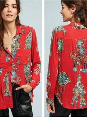 Anthropologie Red Paisley-Motif Button-Down Shirt